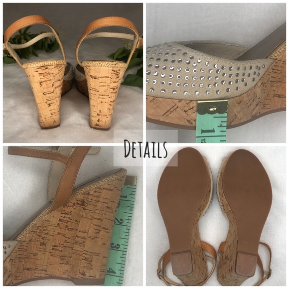 Steve Madden Glitery Rhinestones Suede Leather Cork Peep Toe Wedge Heels 6.5M - Picture 7 of 10